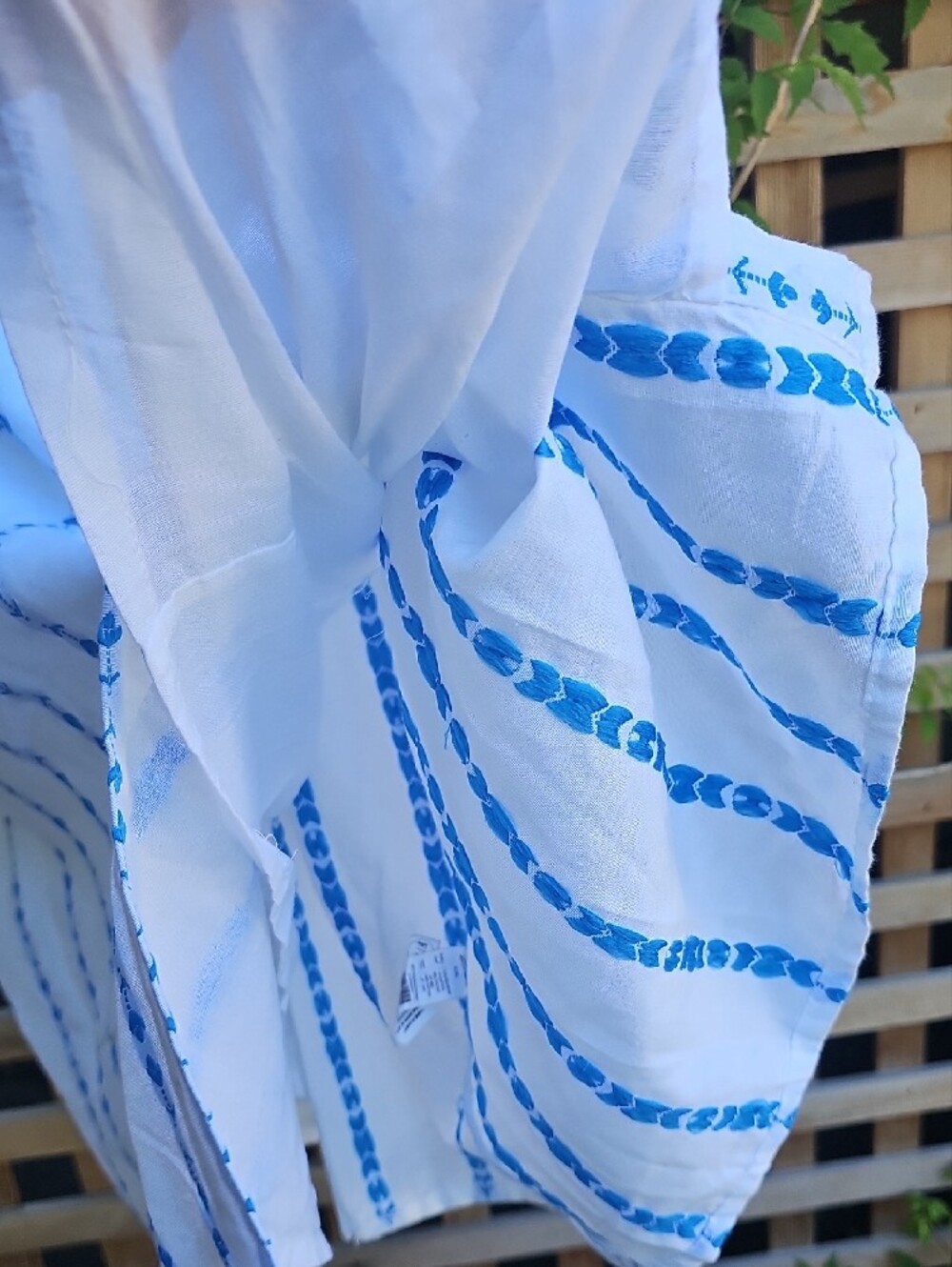 White Dress With Light Blue Stripes Embroidered Button-Front Midi Dress - Picture 7 of 14